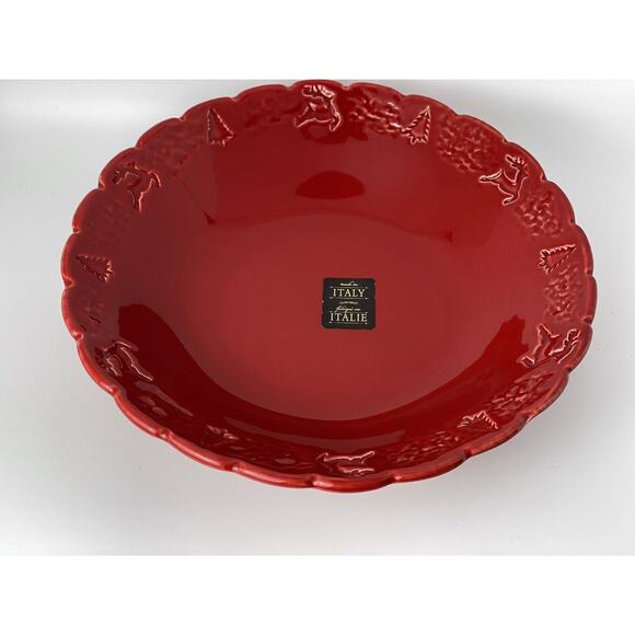 Maioliche Jessica Christmas Themed Red 9” Scalloped Edge Bowl Made In Italy - Picture 3 of 6